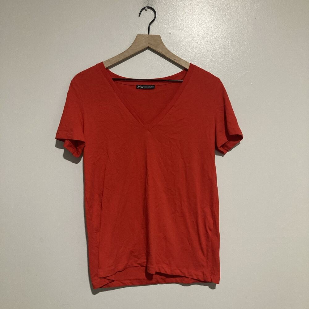 Zara T Shirt Womens Small Red Cotton Deep V Neck Outdoor Casual Everyday Wear
